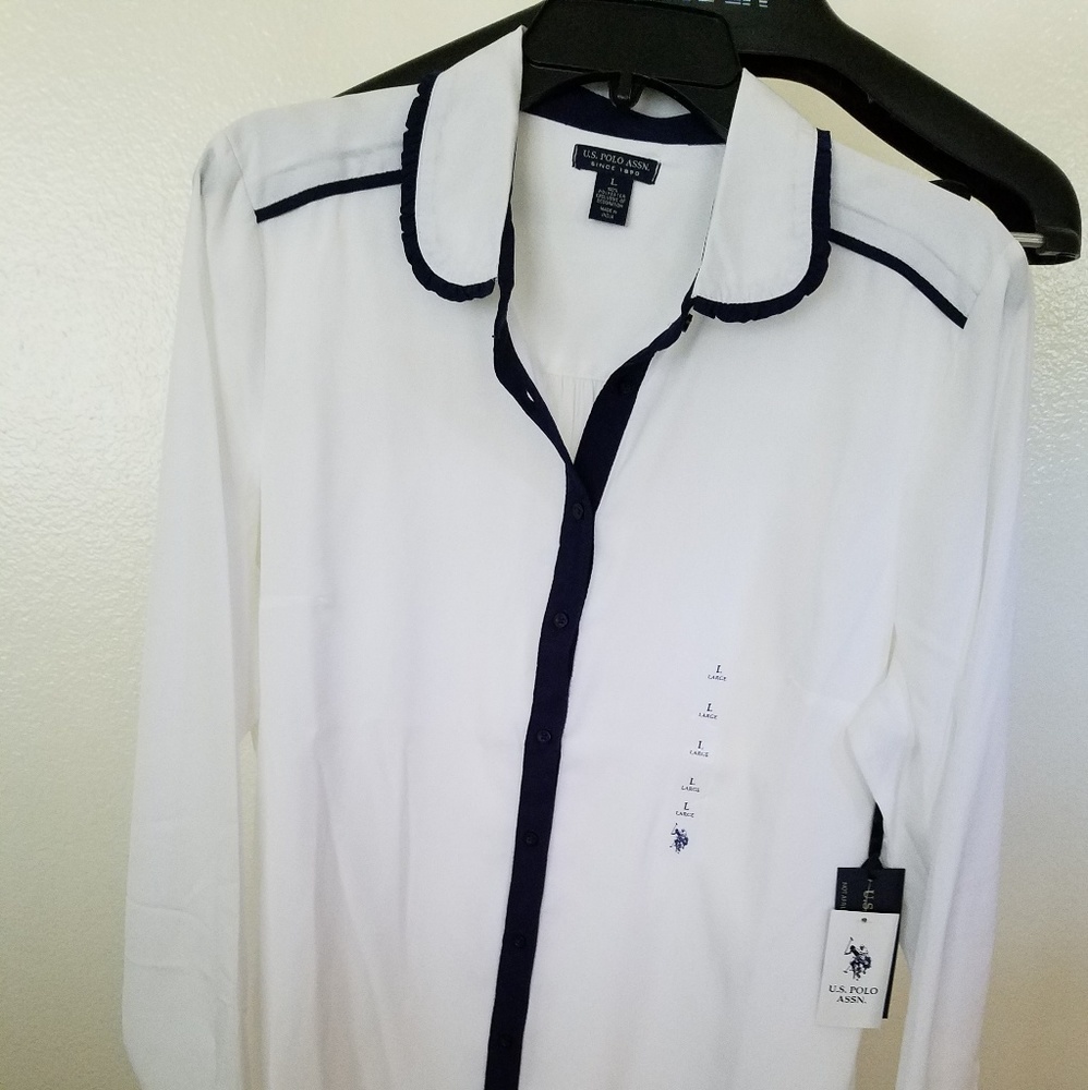 NWT Women's US Polo White w navy blouse